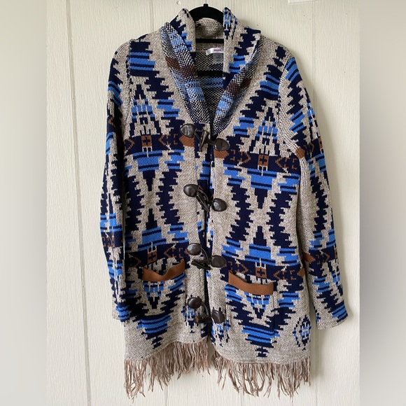 Alia Sweaters - Alia Boho Aztec Fringed cardigan w/ Toggle Button closure | cotton blend